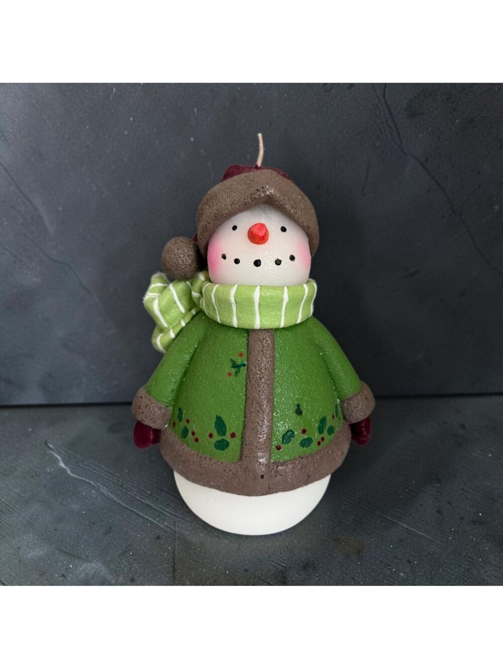 Snowman Christmas Candle Green Coat Scarf Holiday Winter Decor 8"